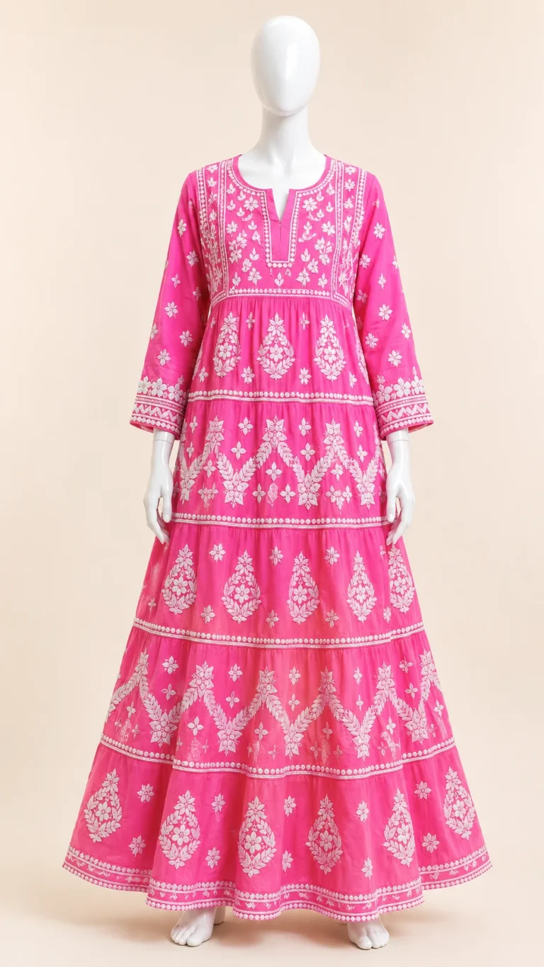 Pink pure silk long dress with white Chikankari embroidery and a tiered skirt