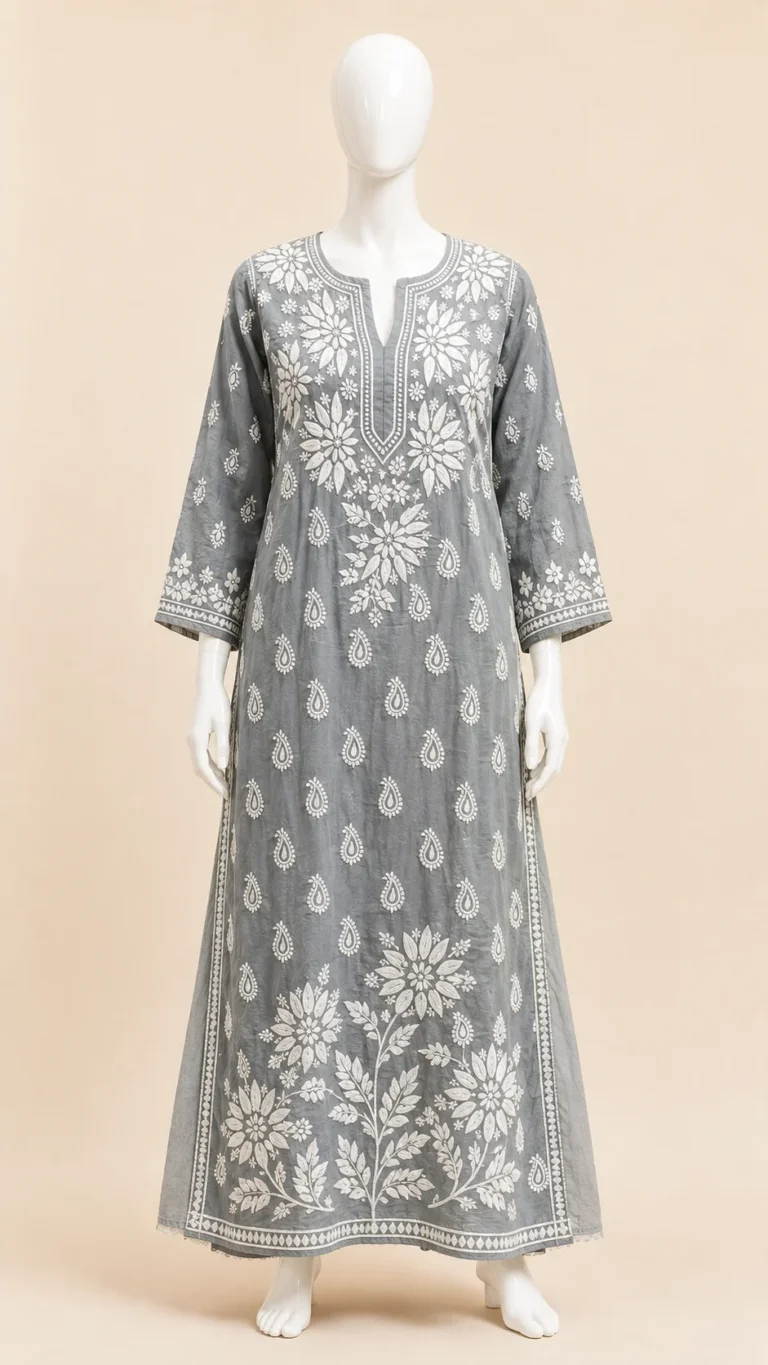 Grey modal long kurti with white floral Chikankari embroidery