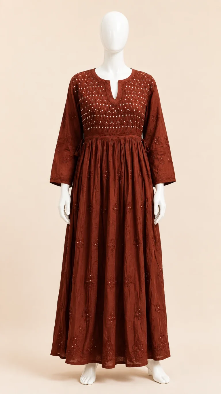 Rust-brown muslin long dress with fine Chikankari work on the yoke and a gathered skirt