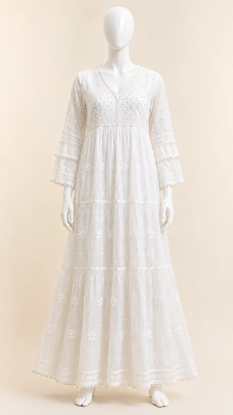 White viscose long dress with tonal keel mukaish Chikankari work and a tiered skirt