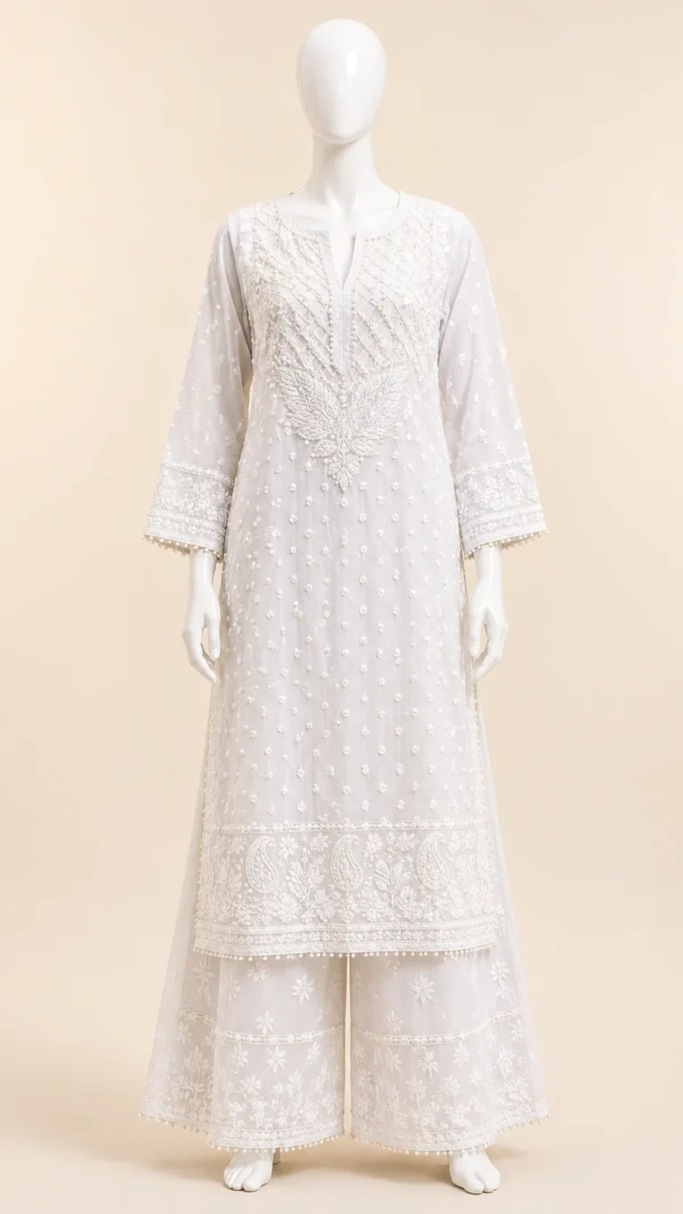 White viscose kurti with keel mukaish Chikankari work, shown with palazzo