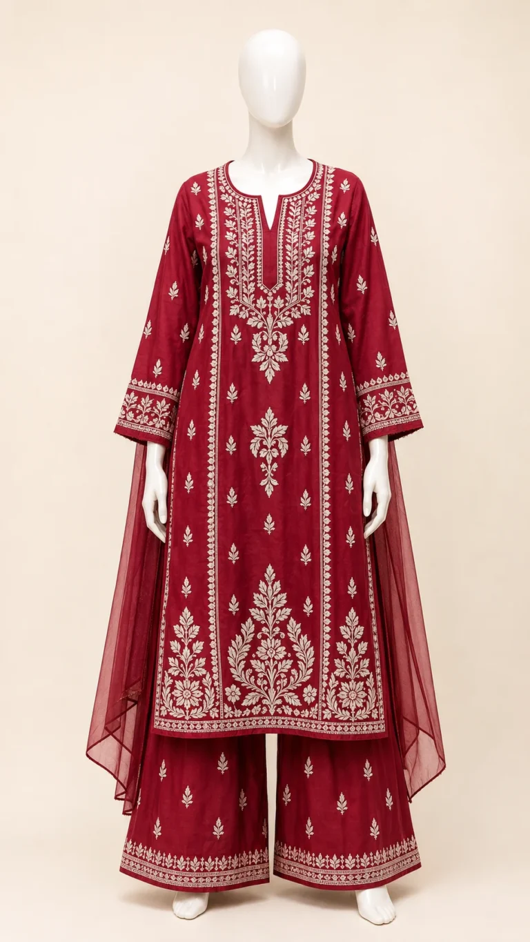 Maroon crepe kurta and palazzo set with white 3D Chikankari work and a sheer dupatta
