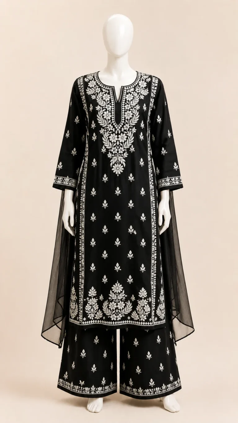 Black rayon kurta and palazzo set with white 3D Chikankari work and a sheer dupatta