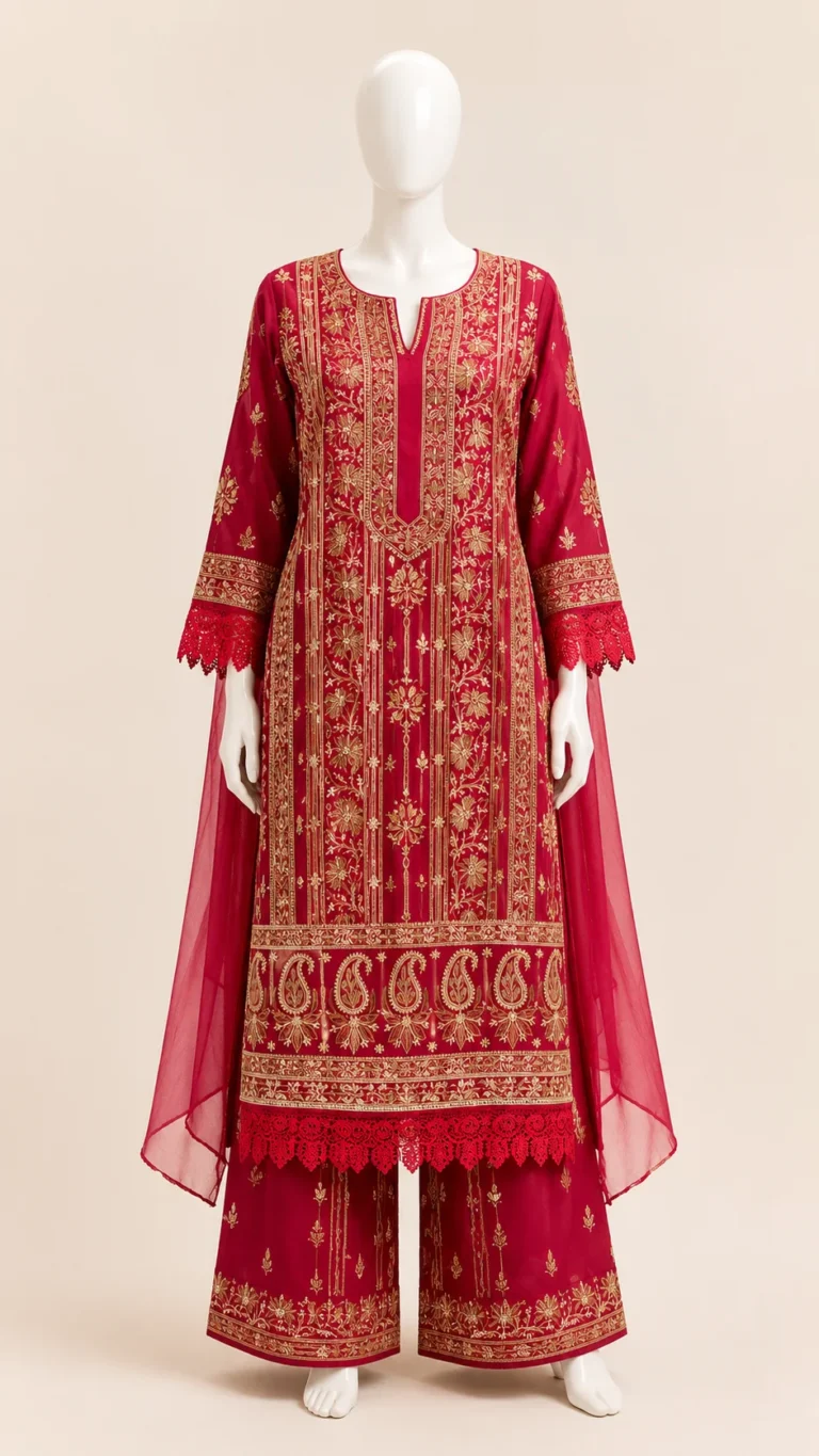 Red long kurta with gold resham thread Chikankari work, shown with palazzo and dupatta