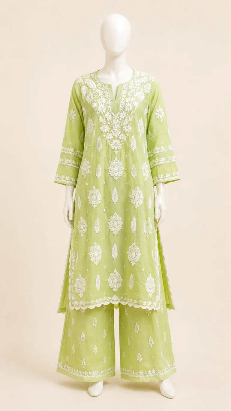Lime-green muslin kurta with cutwork and 3D Chikankari work, shown with palazzo