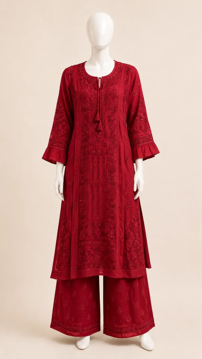 Red linen silk long kurta with tonal Chikankari embroidery and bell sleeves, shown with palazzo