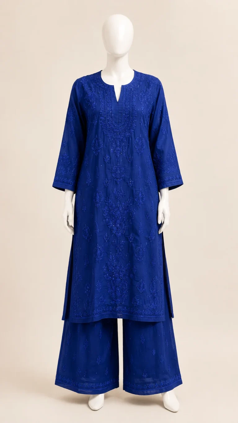 Royal-blue muslin kurta and palazzo set with tonal bakhiya Chikankari work
