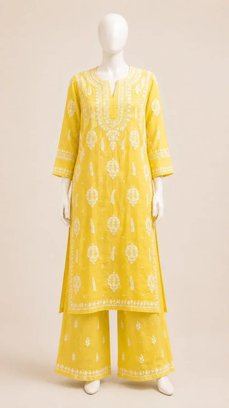 Yellow mul chanderi kurta with white Chikankari embroidery, shown with palazzo
