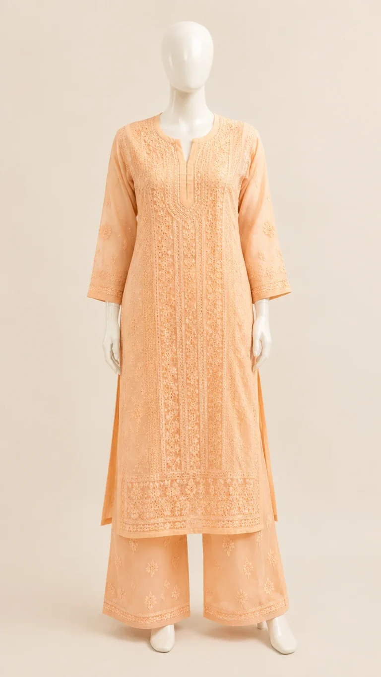 Peach viscose kurti with jaal mukaish Chikankari work, shown with palazzo