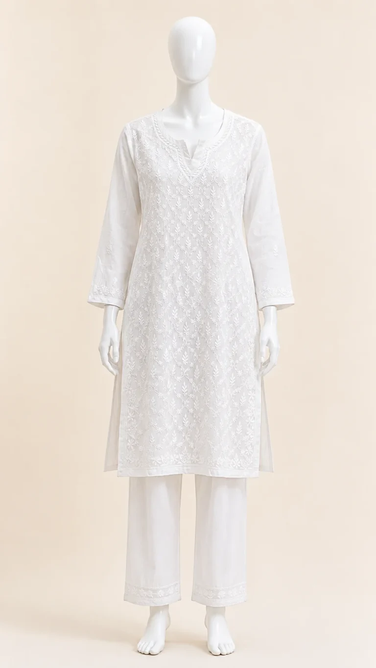 White muslin short top with tonal Chikankari embroidery